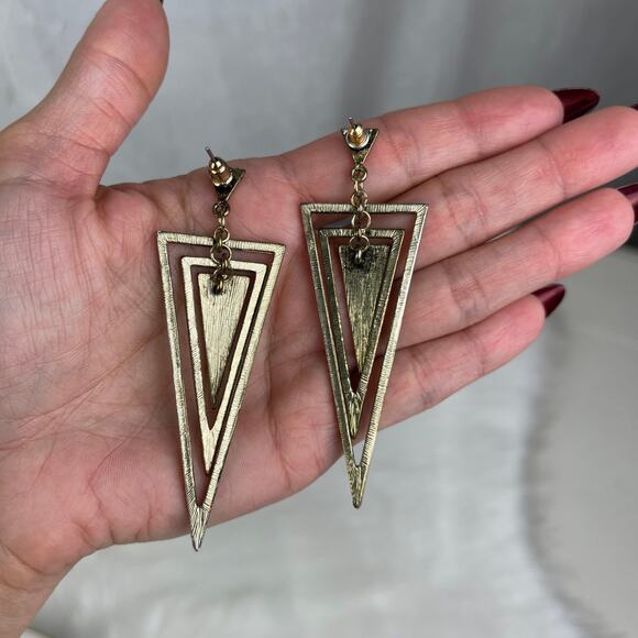 Gold Tone Tiered Triangle Cairo Dangle Earrings Black Geo Geometric Boho Jewelry - Picture 16 of 16